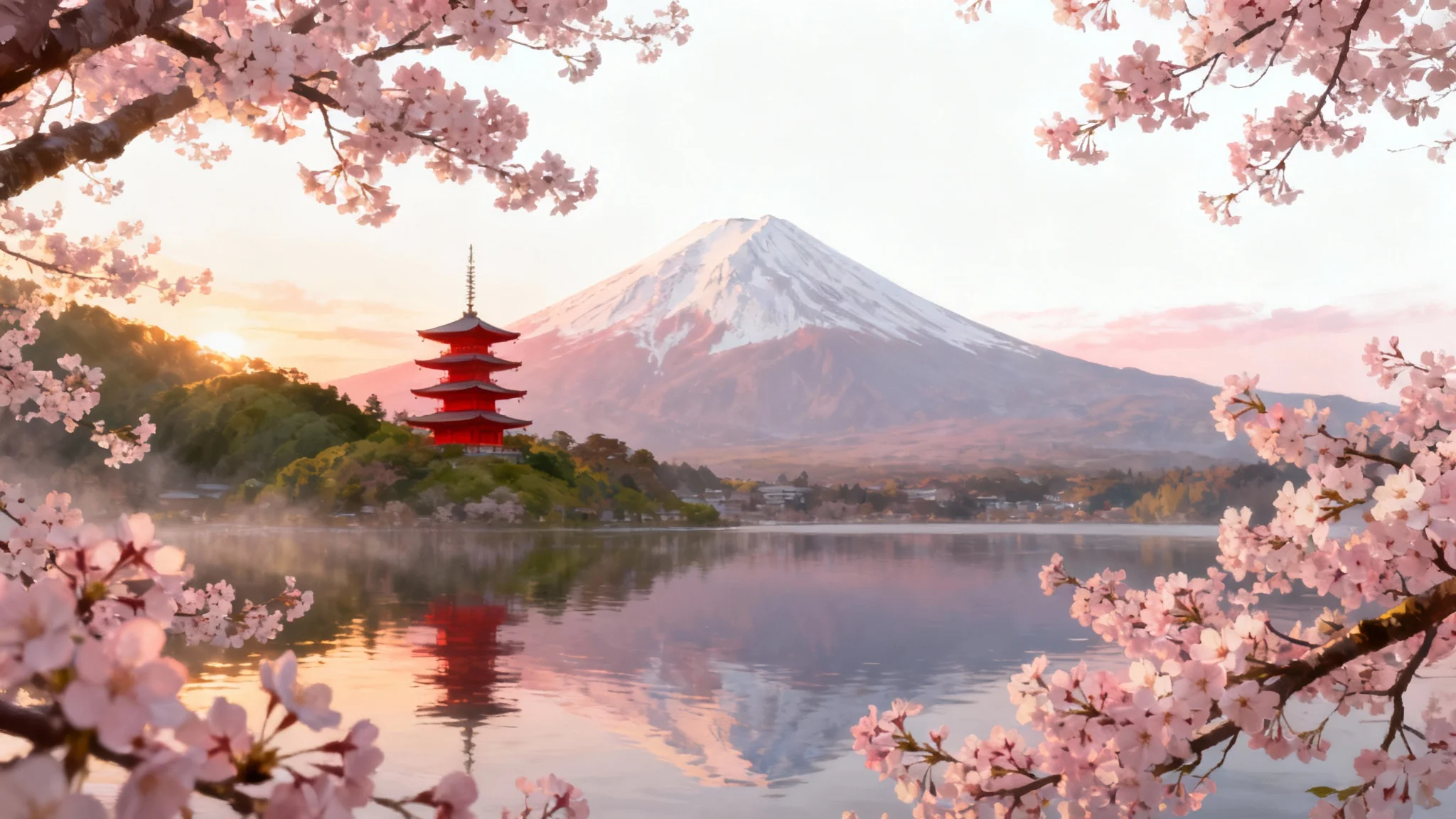 A serene and beautiful Japanese landscape wallpaper featuring Mount Fuji, a red pagoda, and blooming cherry blossom trees at sunrise.