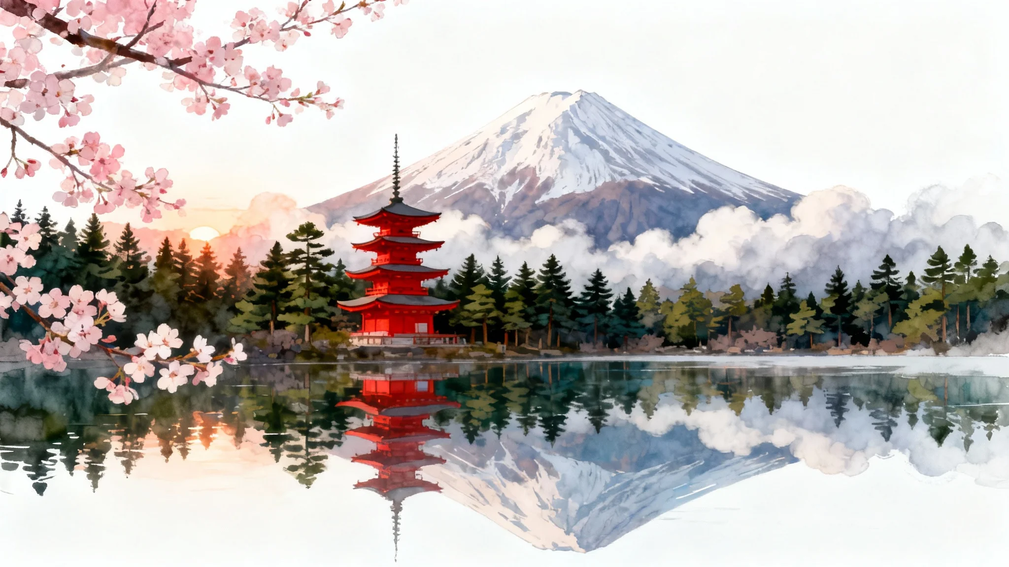 A beautiful Japanese landscape wallpaper featuring a snow-capped Mount Fuji, a red pagoda, and blooming cherry blossoms reflected in a serene lake at sunrise.