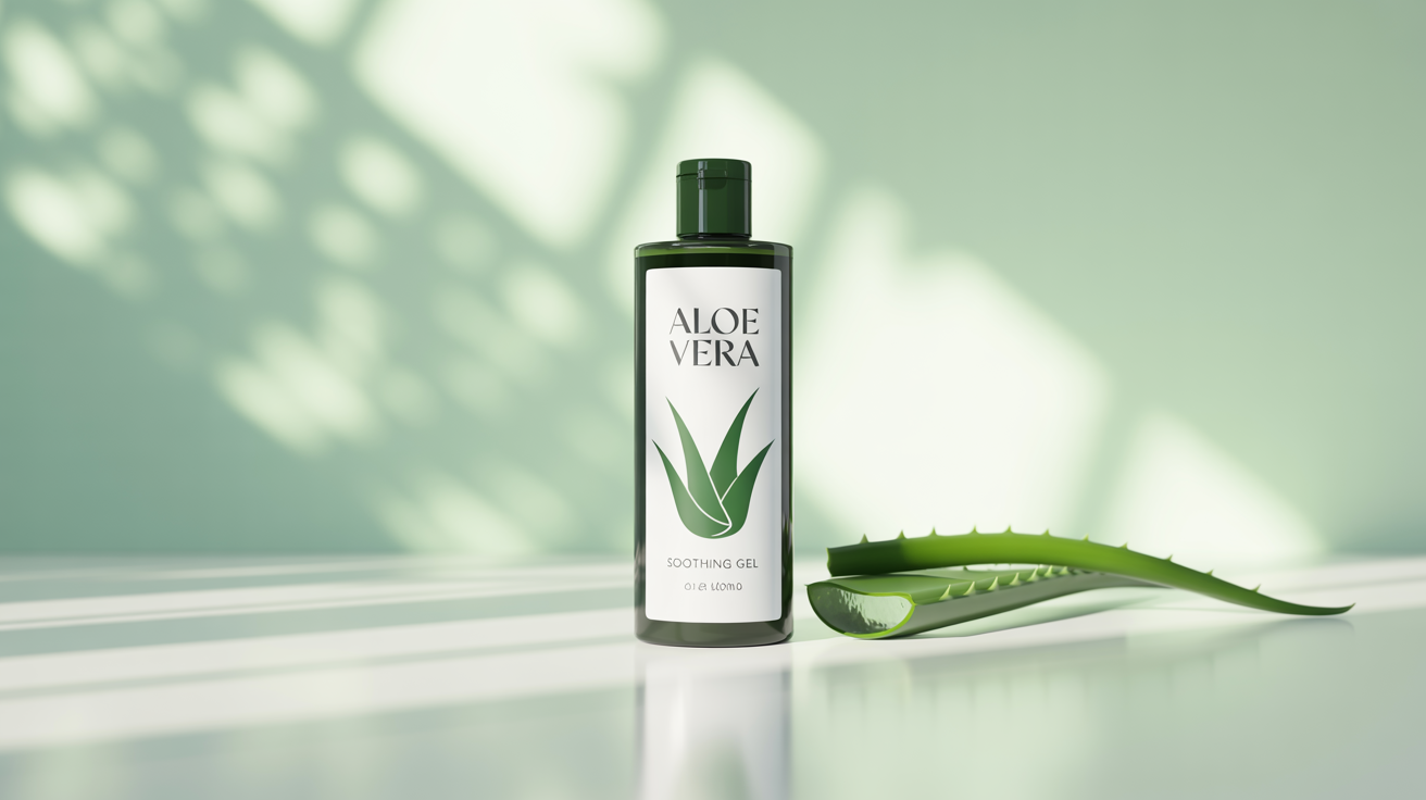 A professionally photographed cosmetic bottle featuring a modern 'Aloe Vera Soothing Gel' label, placed on a clean surface next to a fresh aloe leaf.