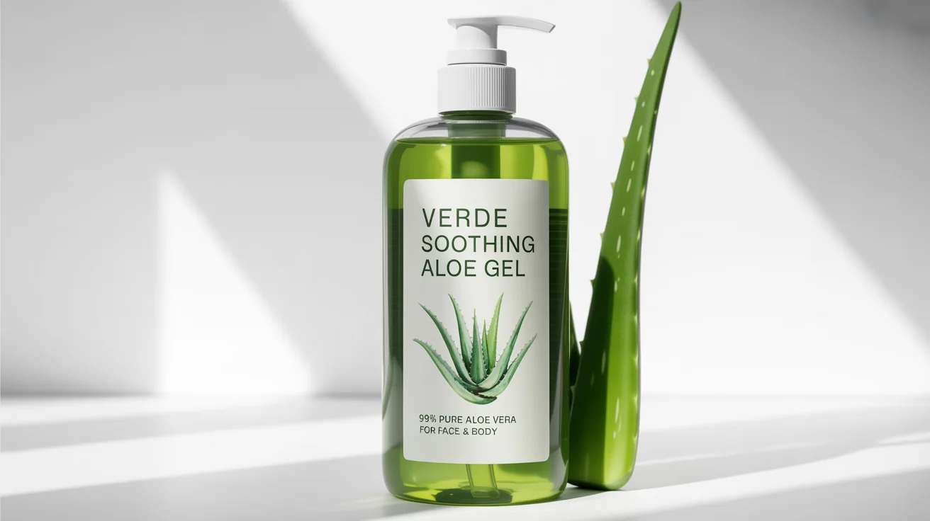 A photorealistic mockup of a cosmetic bottle for 'Verde Soothing Aloe Gel', featuring a clean label design with an aloe vera illustration, set against a plain white background.