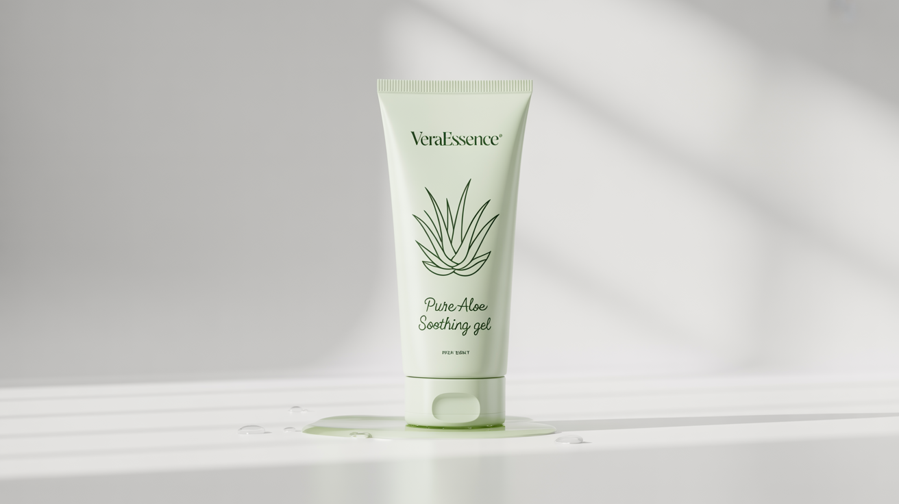 A product mockup of a white tube of aloe vera gel named 'VeraEssence Pure Aloe Soothing Gel', featuring a minimalist green plant logo, on a clean white background.