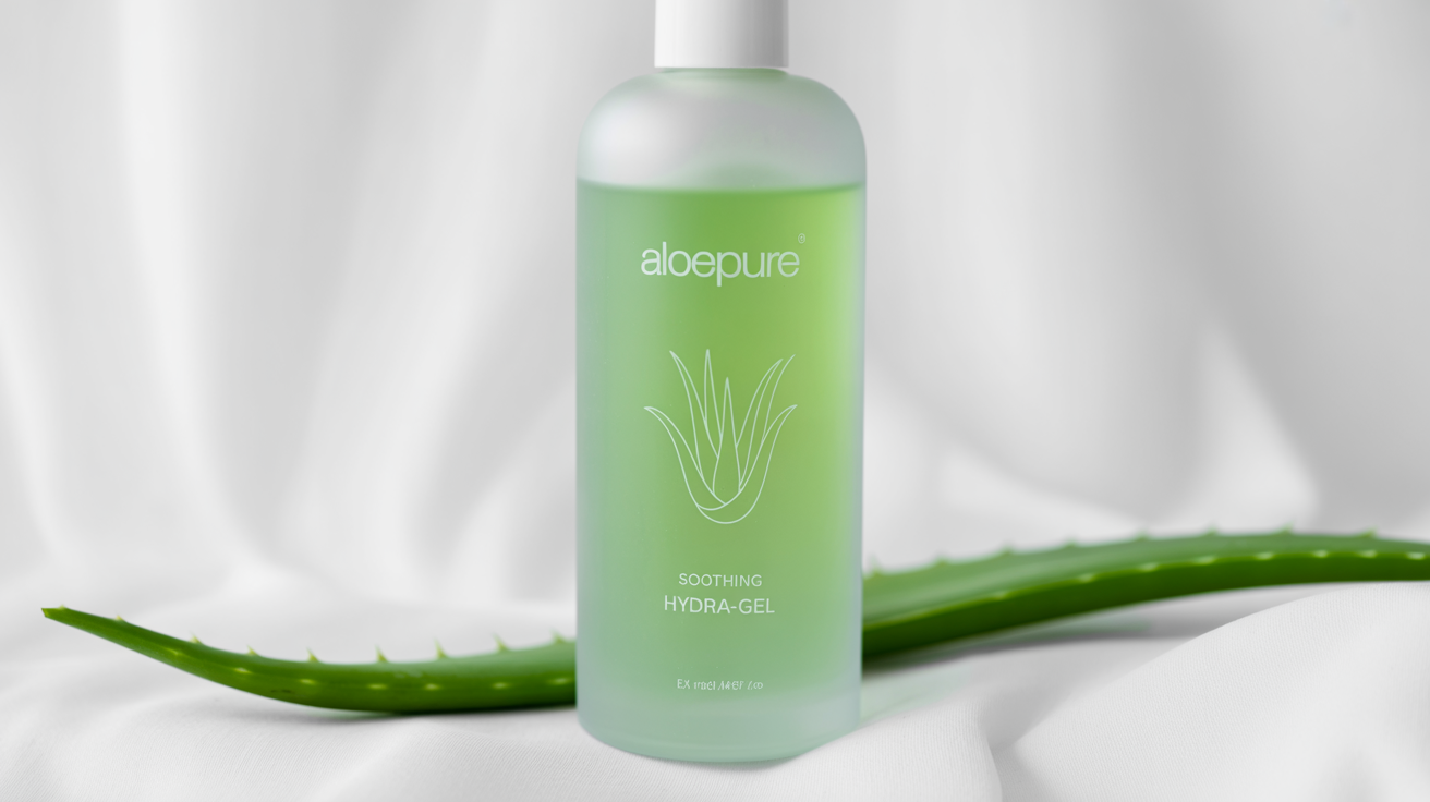 A photorealistic mockup of an aloe vera gel bottle with a custom label design. The frosted glass bottle, labeled 'AloePure Soothing Hydra-Gel', sits next to a fresh aloe vera leaf against a clean white background.