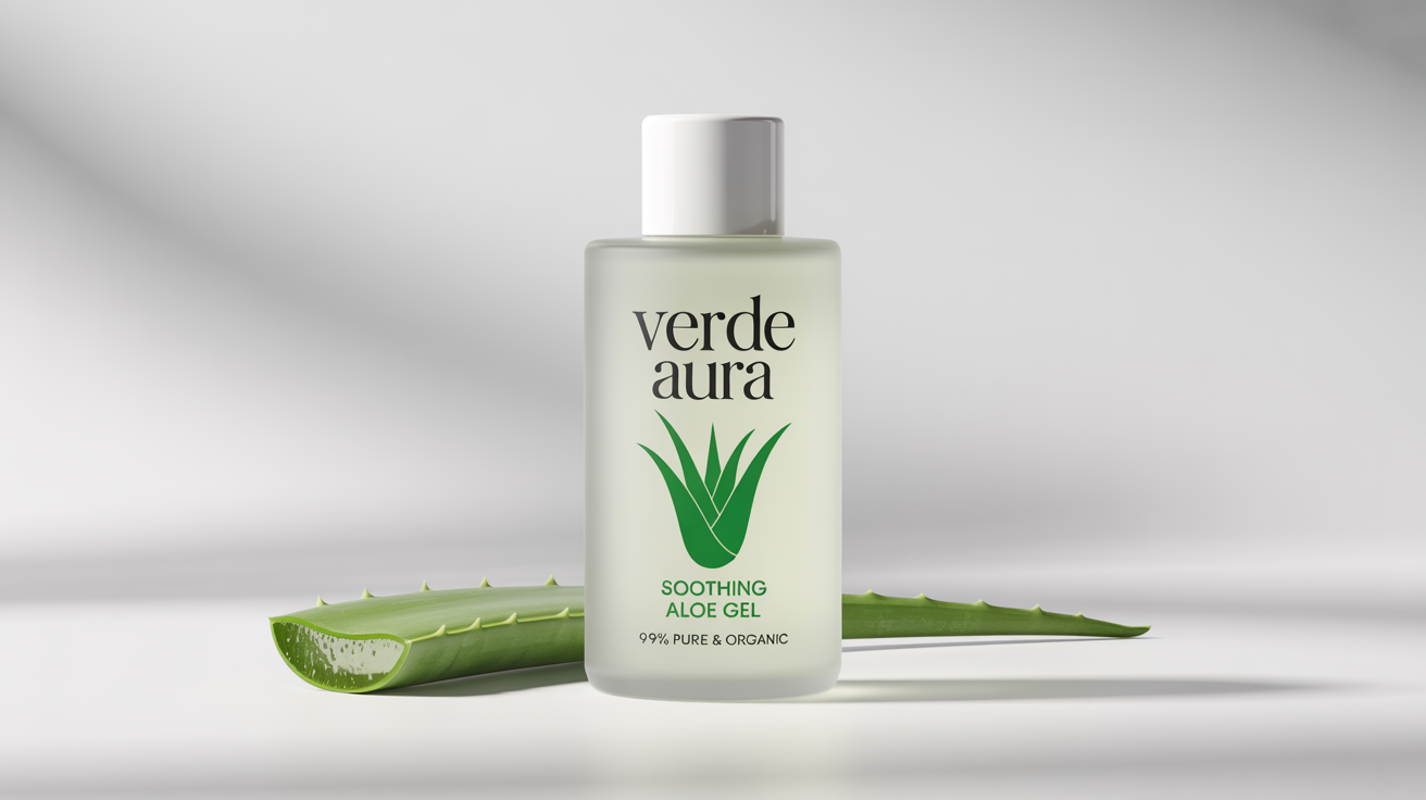 A photorealistic mockup of a frosted white cosmetic bottle with a label for 'Verde Aura Soothing Aloe Gel', accompanied by a fresh aloe vera leaf on a clean white background.