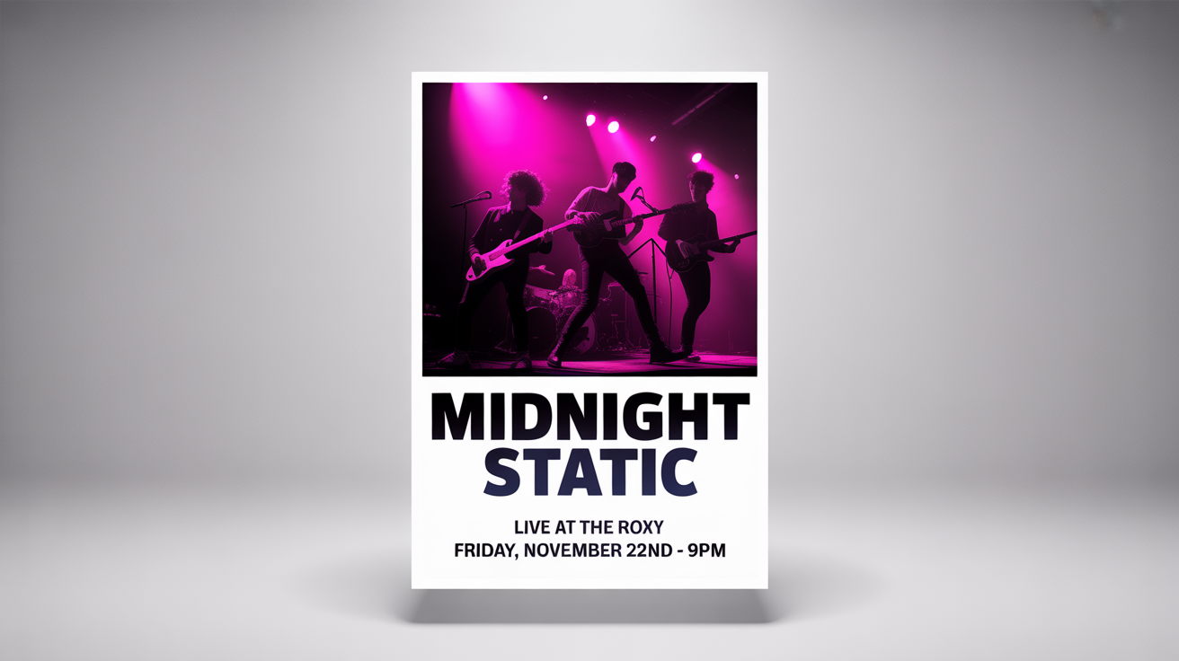 A professionally designed, eye-catching flyer for a concert by a band named 'Midnight Static' at 'The Roxy', showcasing a modern design with bold colors and typography.