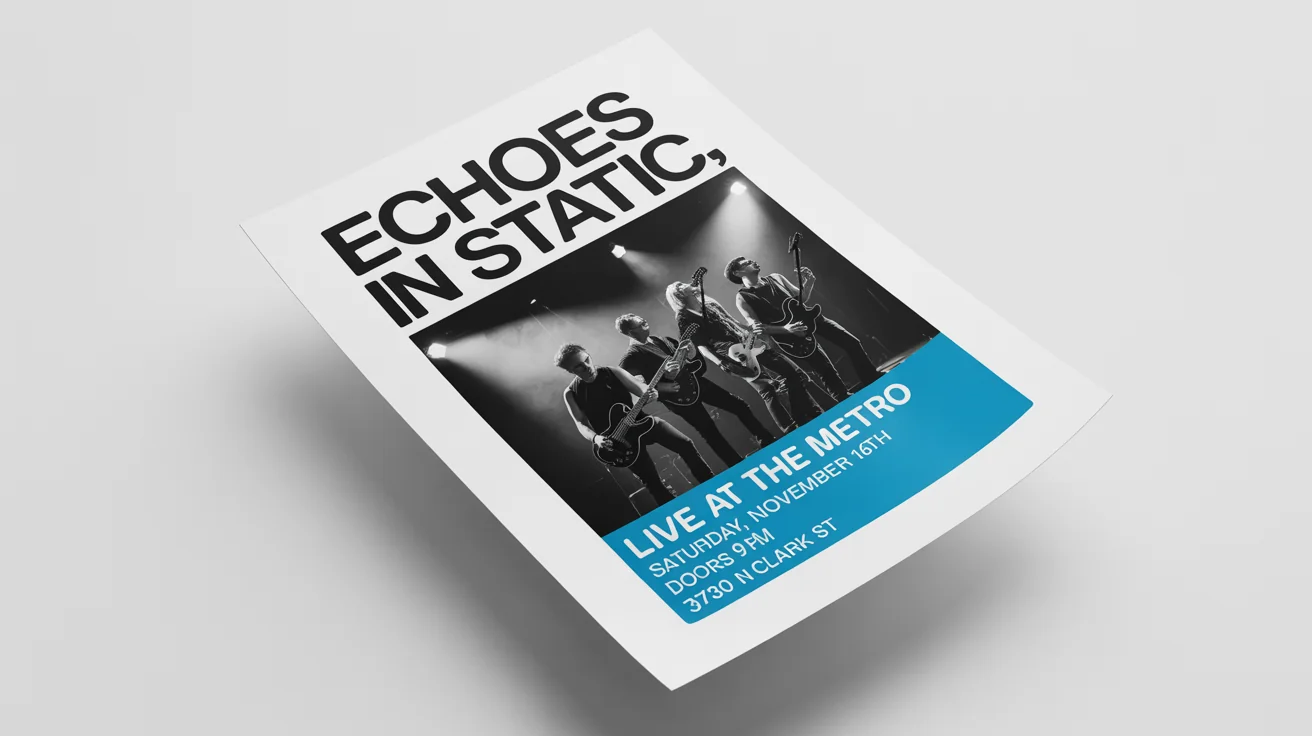 A mockup of a cool, modern band flyer for a live show by the band 'Echoes in Static', shown on a plain white background.