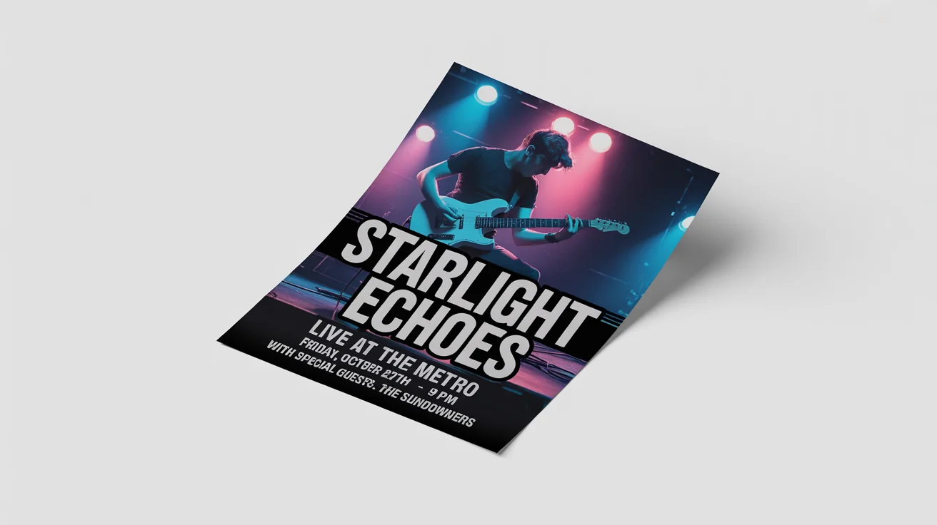 A mockup of a modern band flyer for a concert by 'Starlight Echoes'. The flyer features a silhouette of a guitarist on stage and event details, all set against a clean white background.