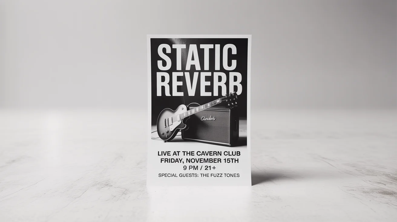 A mockup of a modern rock band flyer for a fictional band called 'Static Reverb', advertising a show at 'The Cavern Club'. The flyer is displayed on a clean white background.