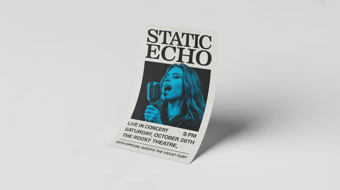A mockup of a rock band concert flyer for a band called 'Static Echo' performing at 'The Roxy Theatre' on 'Saturday, October 26th'. The flyer has a gritty, duotone design and is displayed on a white background.