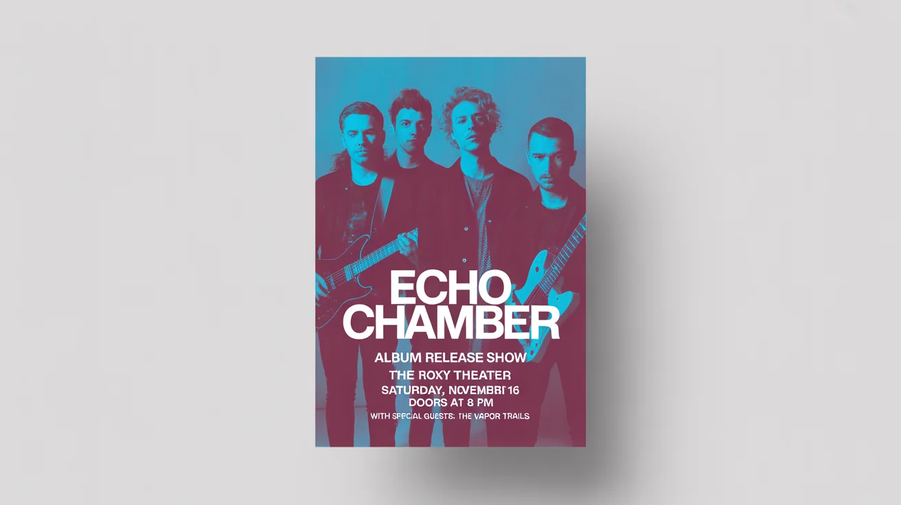 A mockup of a modern indie rock band flyer for a fictional band called 'Echo Chamber', advertising an album release show. The flyer is shown against a plain white background.