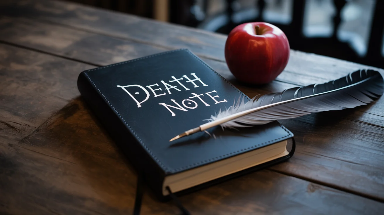 A dramatic image of a black notebook with 'DEATH NOTE' written on the cover, resting on a dark wooden table next to a red apple and a quill pen, lit by cinematic lighting.