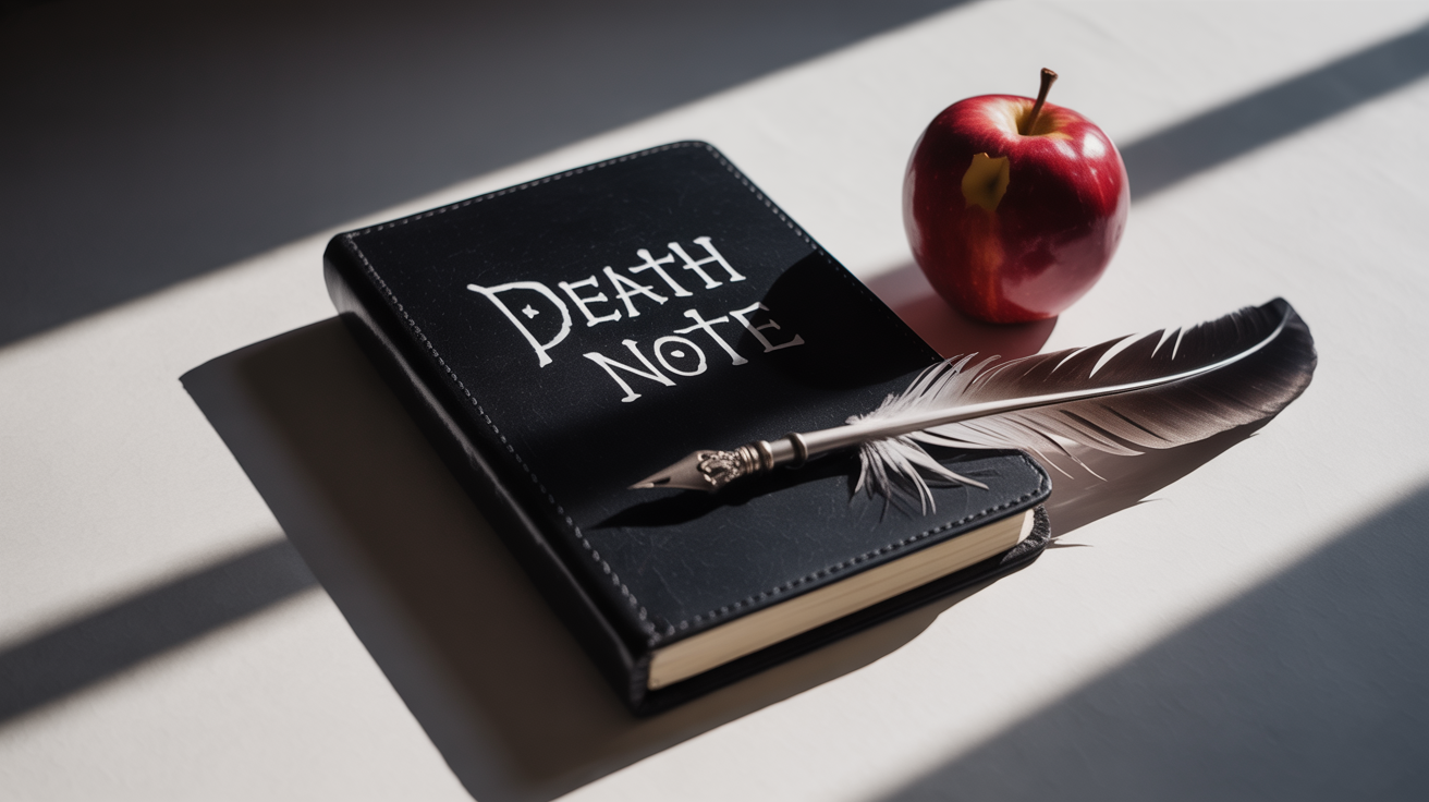 A photorealistic image of a black notebook with the words 'DEATH NOTE' on the cover, a bitten red apple, and a quill pen, all set against a clean white background with dramatic shadows.