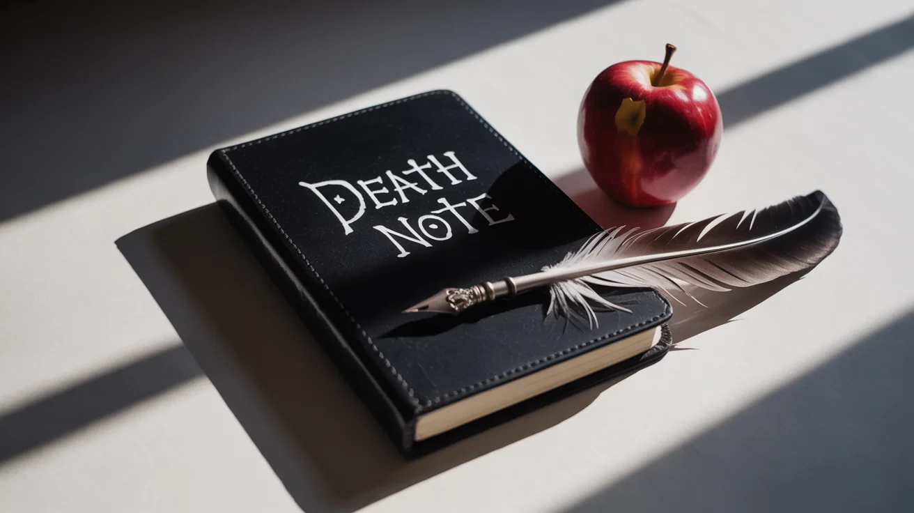 A photorealistic image of a black notebook with the words 'DEATH NOTE' on the cover, a bitten red apple, and a quill pen, all set against a clean white background with dramatic shadows.