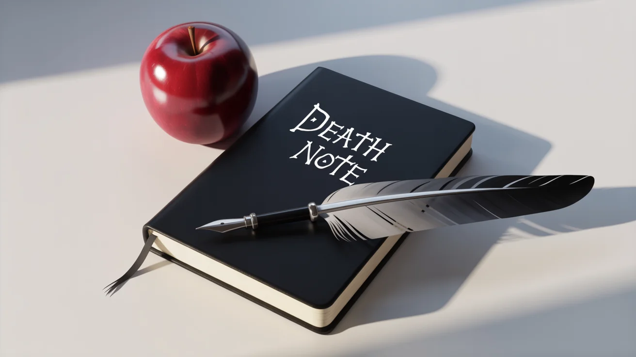 A mockup of the Death Note, a black notebook with the words 'DEATH NOTE' on the cover, shown with a red apple and a quill pen on a clean white background.