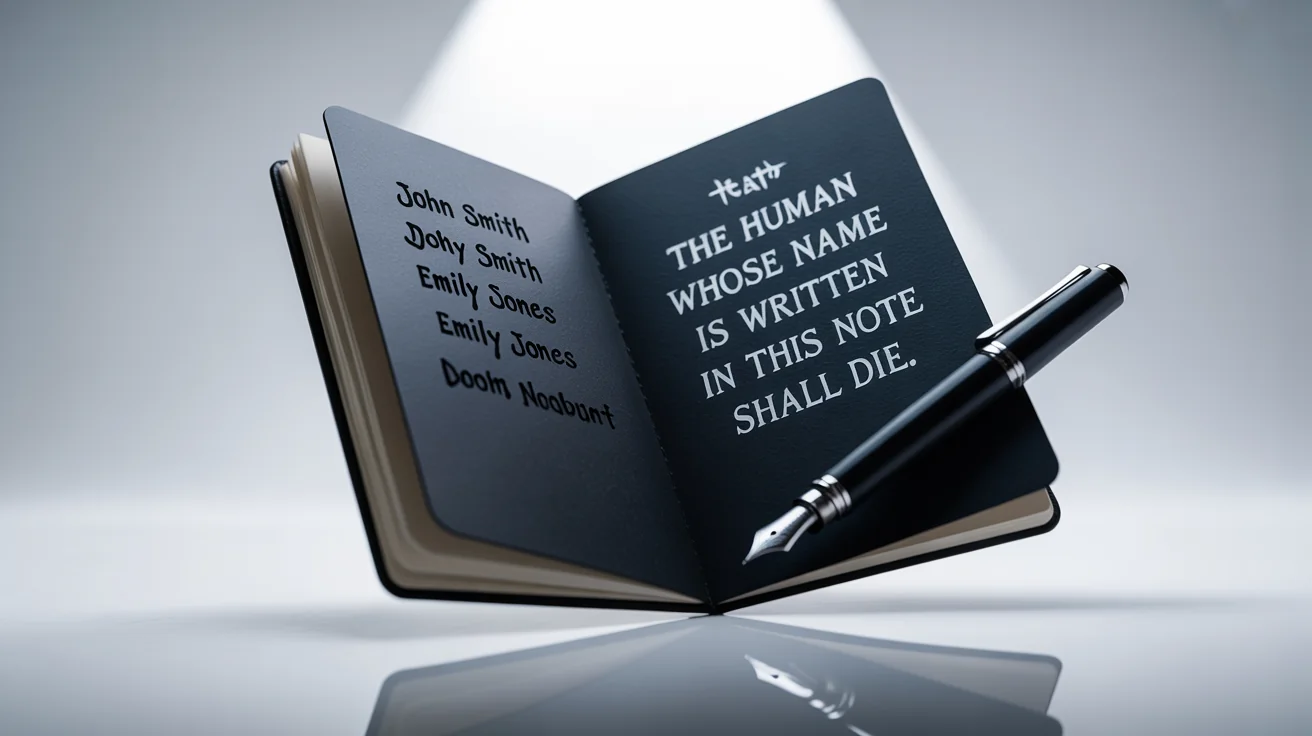 A photorealistic mockup of a black notebook with 'Death Note' on the cover, open to a page with the rule 'The human whose name is written in this note shall die.' A fountain pen rests beside it on a white background.