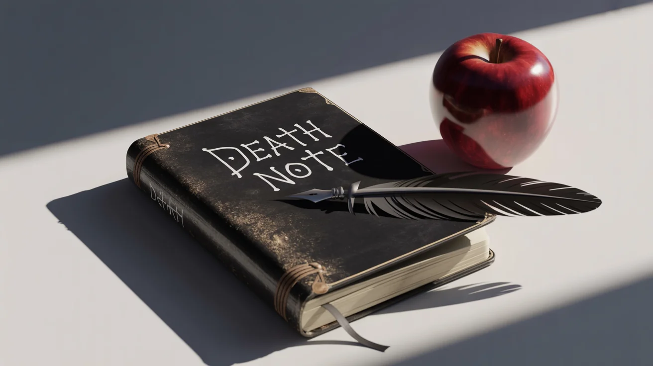 A photorealistic mockup of the Death Note, featuring the black notebook with its title, a black quill pen, and a single red apple, all set against a clean white background.