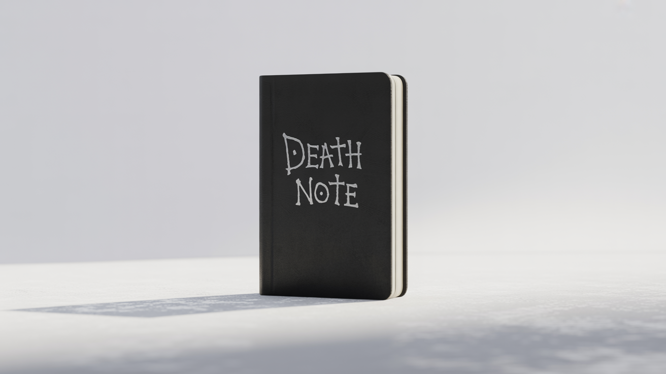 A realistic mockup of the black Death Note notebook, with 'DEATH NOTE' written in a stylized silver font on the cover, presented against a clean white background.