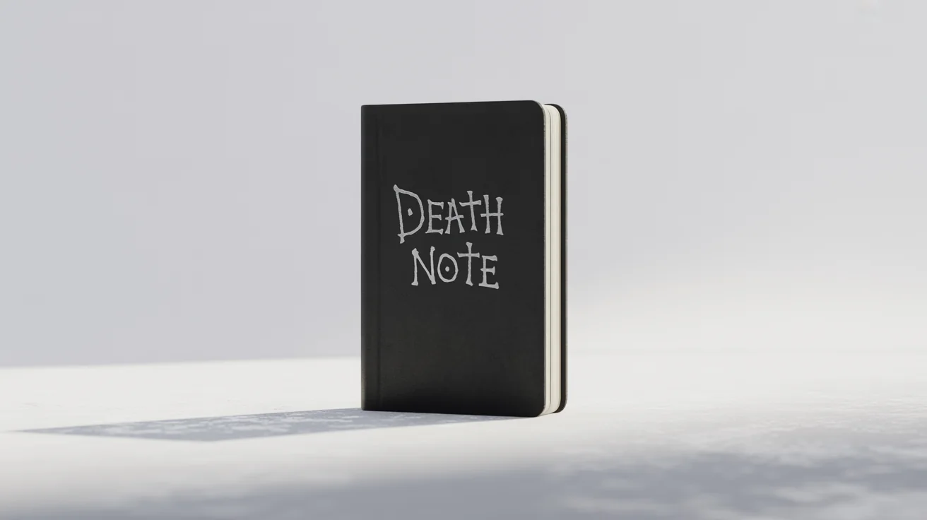A realistic mockup of the black Death Note notebook, with 'DEATH NOTE' written in a stylized silver font on the cover, presented against a clean white background.
