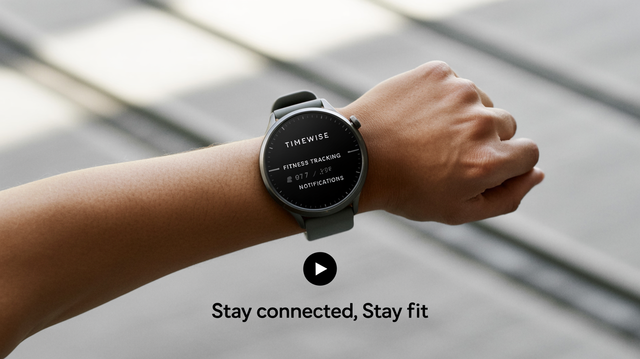 A screenshot of a Shopify product video for a 'TIMEWISE' smartwatch. The watch is on an athlete's wrist in a dynamic action shot, with animated text highlighting 'Fitness Tracking' and 'Notifications'. A play button is overlaid in the center.