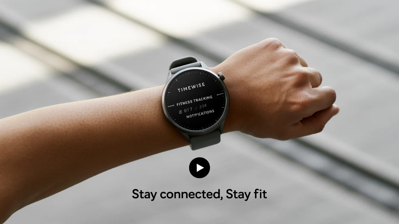 A screenshot of a Shopify product video for a 'TIMEWISE' smartwatch. The watch is on an athlete's wrist in a dynamic action shot, with animated text highlighting 'Fitness Tracking' and 'Notifications'. A play button is overlaid in the center.