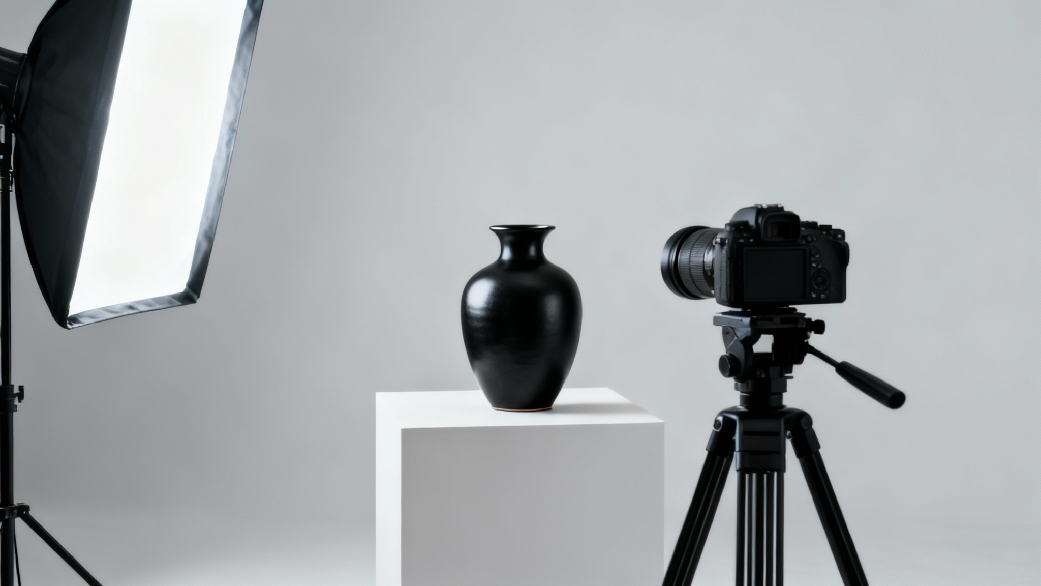 A professional camera on a tripod films an elegant ceramic vase on a pedestal in a minimalist studio, representing the creation of a high-quality Shopify product video.