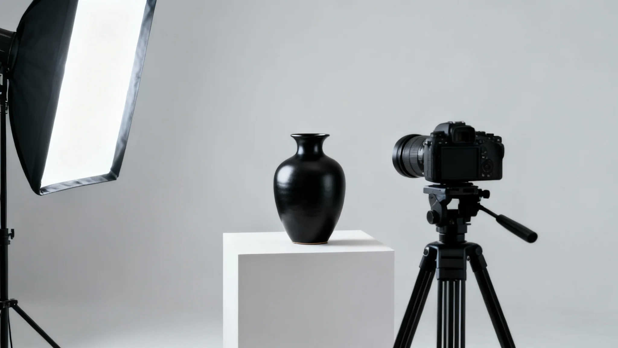 A professional camera on a tripod films an elegant ceramic vase on a pedestal in a minimalist studio, representing the creation of a high-quality Shopify product video.