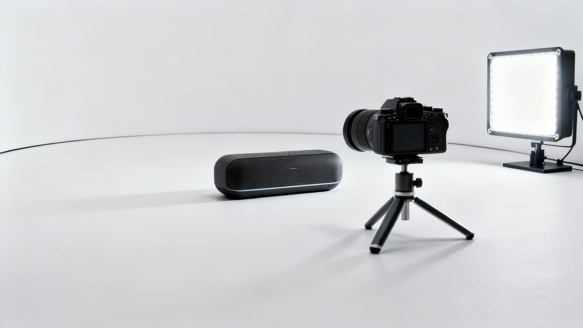 A professional product video shoot setup showing a modern wireless speaker, a camera on a tripod, and a studio light against a clean, seamless white background.