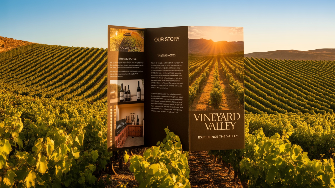 A professional mockup of a trifold brochure for a winery named 'Vineyard Valley', displayed on a minimal light grey background. The image shows both the cover design and the inside layout in a clean, photorealistic style.