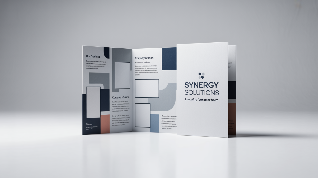 A photorealistic mockup of a modern, professional tri-fold brochure for 'Synergy Solutions' displayed on a clean white background, with one brochure open and one closed.