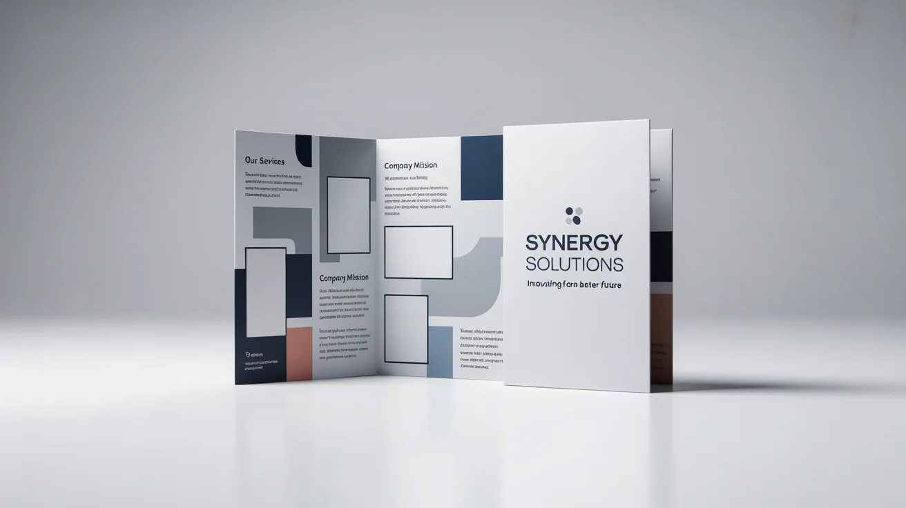 A photorealistic mockup of a modern, professional tri-fold brochure for 'Synergy Solutions' displayed on a clean white background, with one brochure open and one closed.