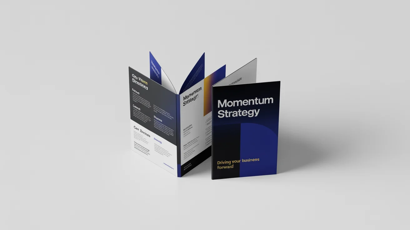 A professional mockup of a modern tri-fold brochure for 'Momentum Strategy' consulting, with one open and one closed brochure displayed on a white background.