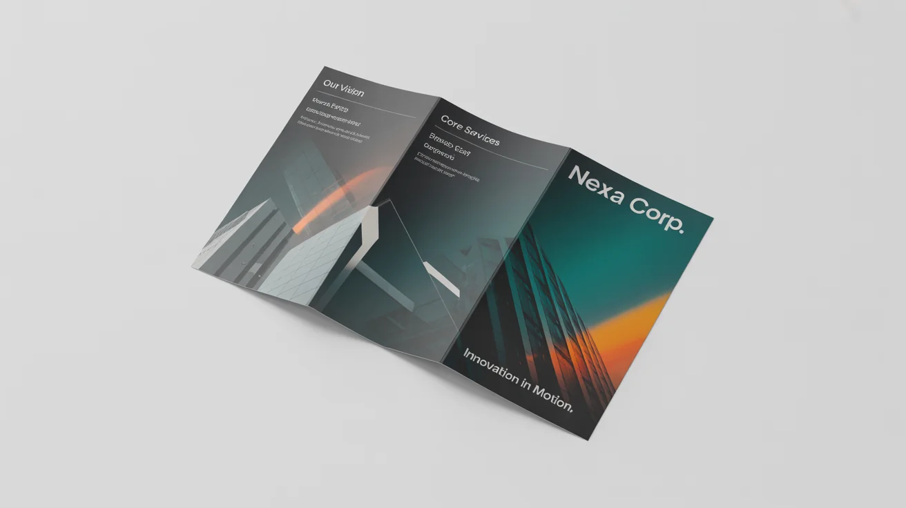 A photorealistic mockup of a modern, tri-fold business brochure for 'NEXA CORP', featuring a teal and gray color scheme, displayed on a clean white background.