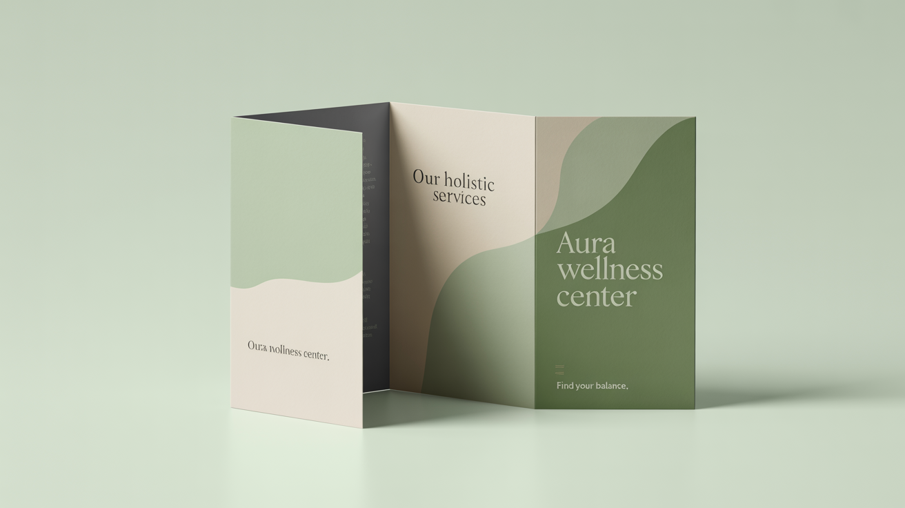 A professional tri-fold brochure mockup for 'Aura Wellness Center' standing open on a white background, showcasing a modern and clean design.