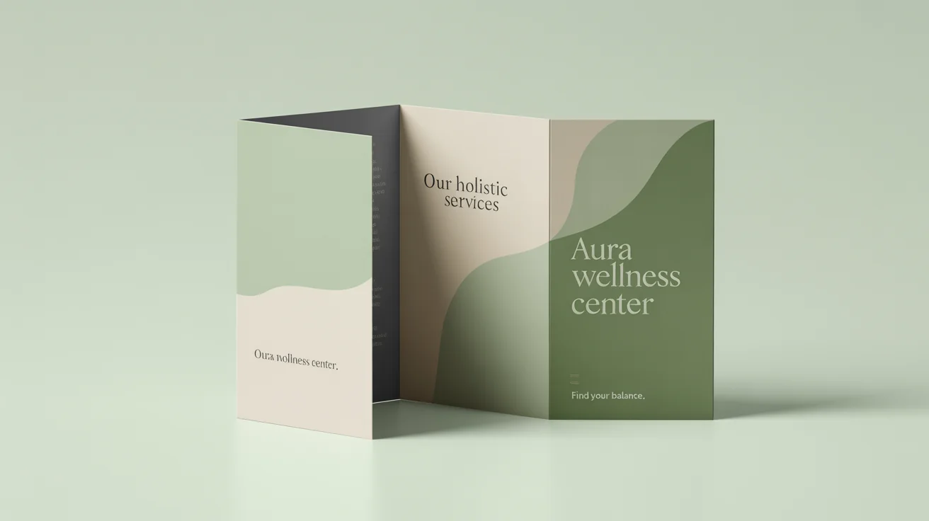 A professional tri-fold brochure mockup for 'Aura Wellness Center' standing open on a white background, showcasing a modern and clean design.