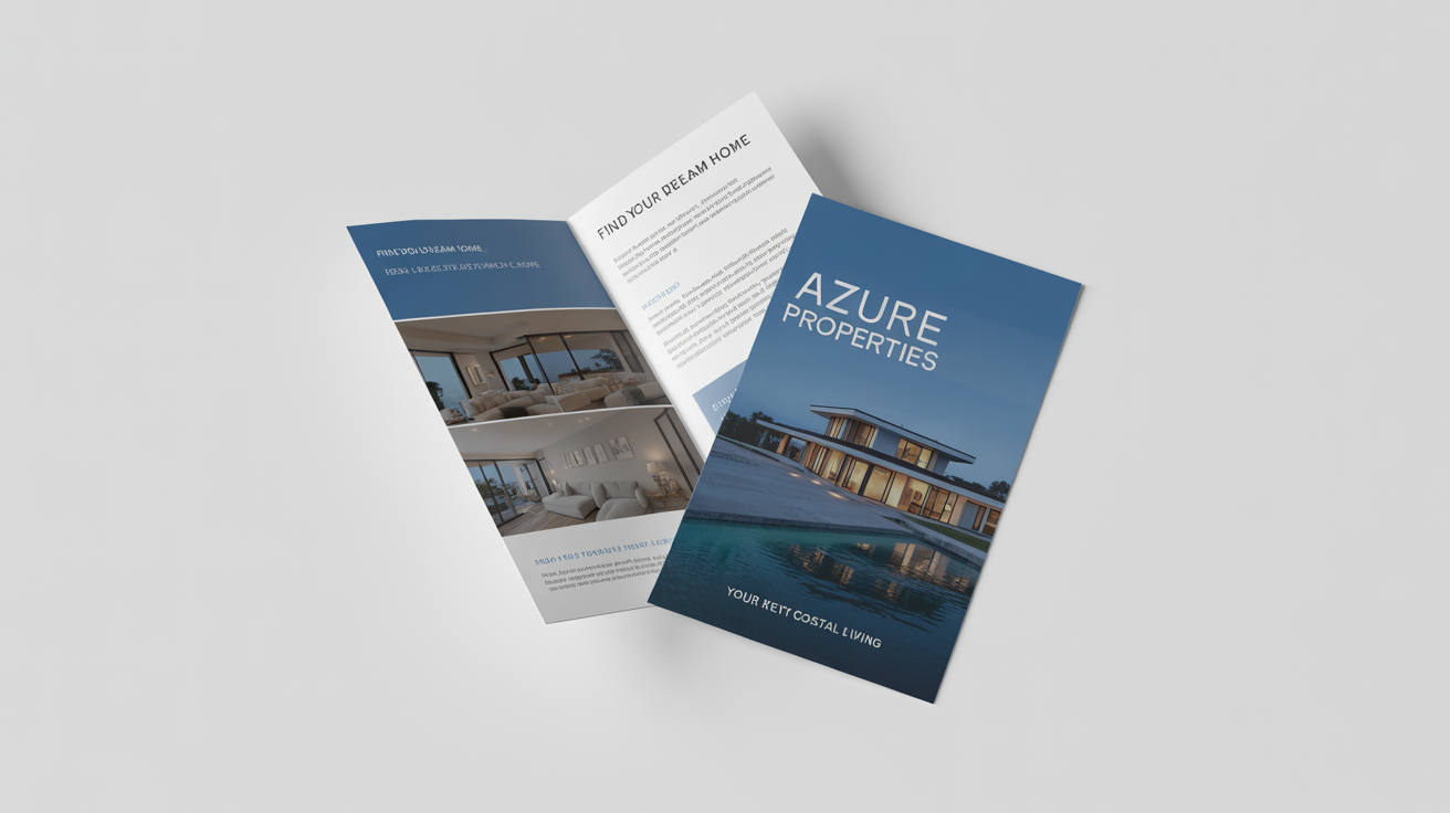 A photorealistic mockup of a tri-fold real estate brochure for 'Azure Properties', with one brochure closed and another standing open on a white background.