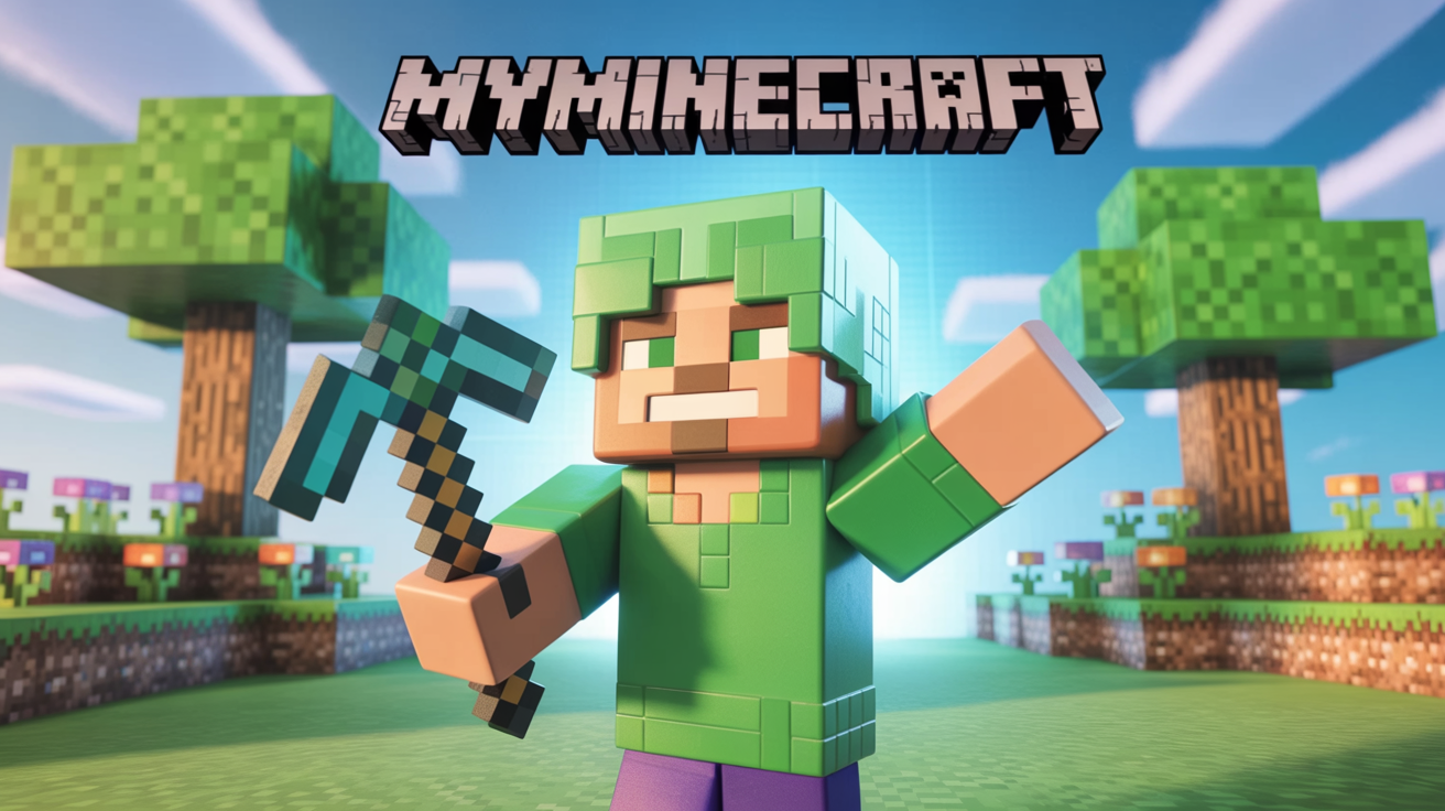 A high-quality 3D render of a custom Minecraft avatar in a green tunic and helmet, waving and holding a diamond pickaxe in a vibrant, blocky world. The text 'MYMINECRAFT' appears above the character.