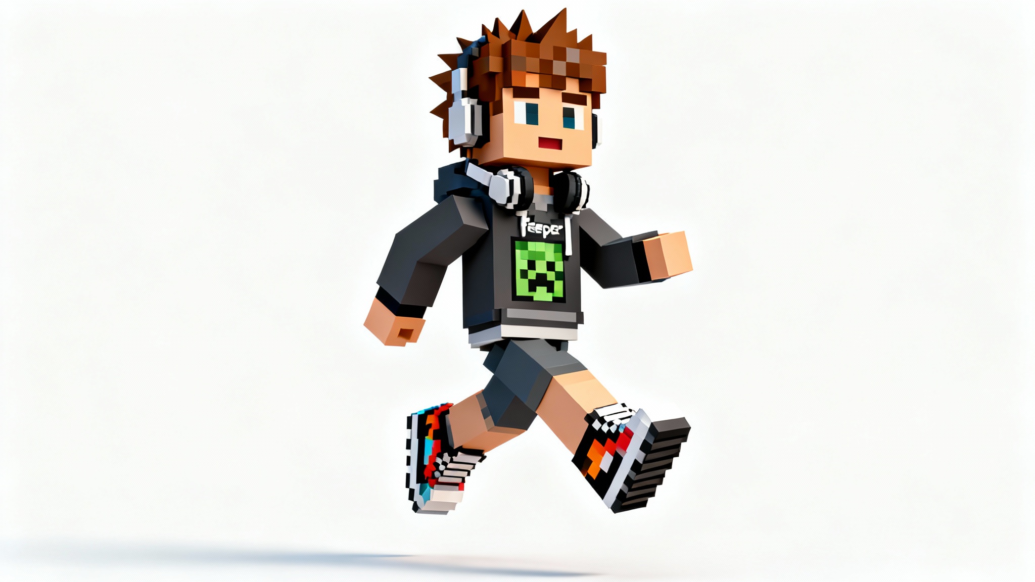 A custom Minecraft-style avatar of an adventurer in a hoodie and sneakers, posing dynamically against a clean white background to showcase customization options.