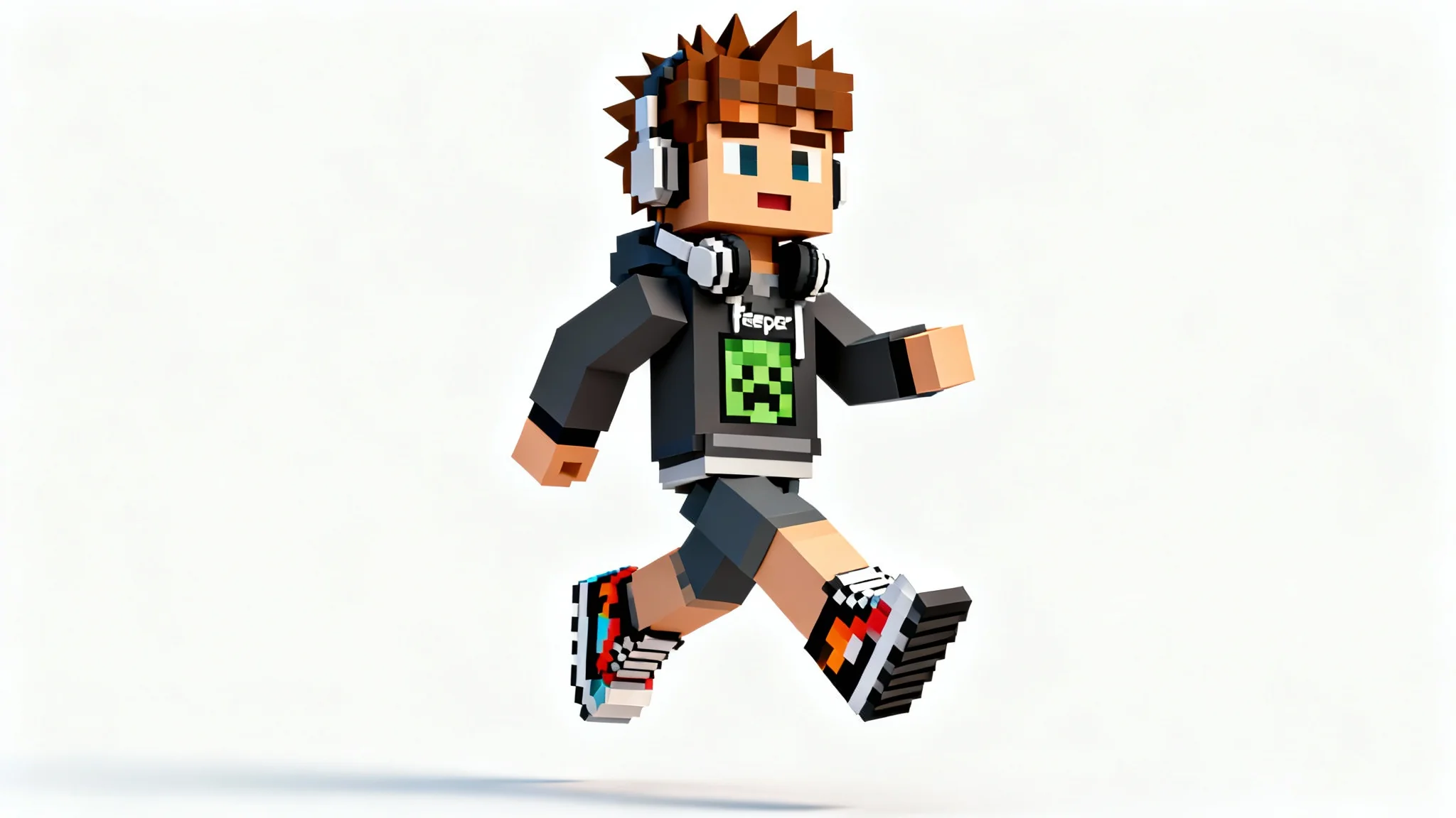 A custom Minecraft-style avatar of an adventurer in a hoodie and sneakers, posing dynamically against a clean white background to showcase customization options.