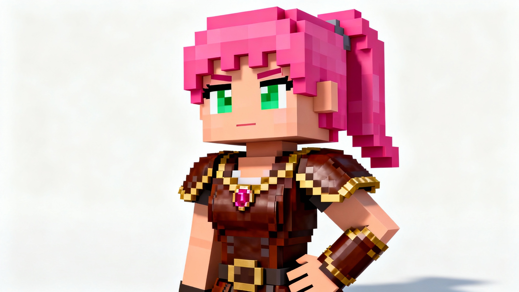 A custom Minecraft avatar of a female adventurer with pink hair and detailed armor, displayed against a clean white background.
