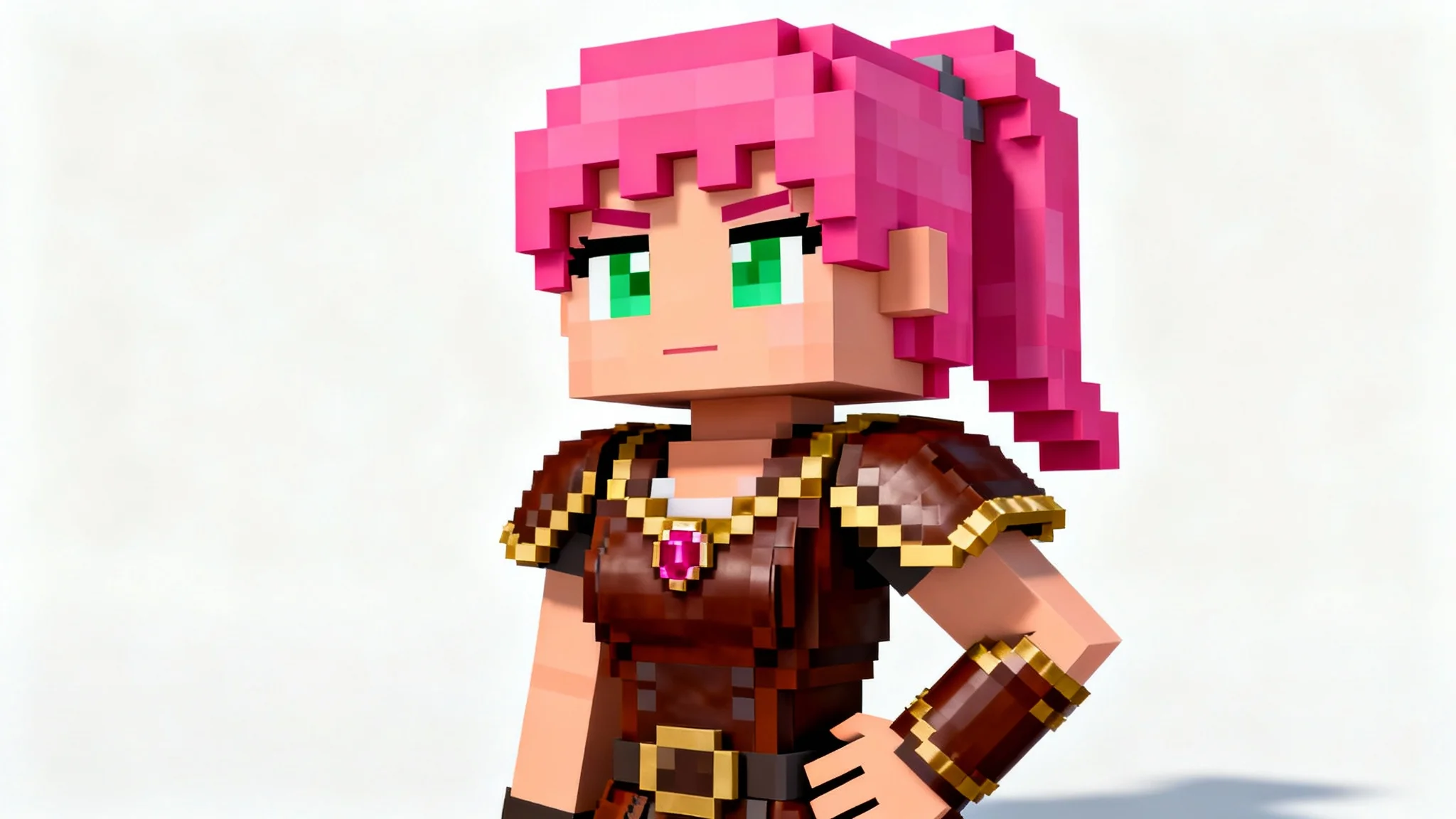 A custom Minecraft avatar of a female adventurer with pink hair and detailed armor, displayed against a clean white background.