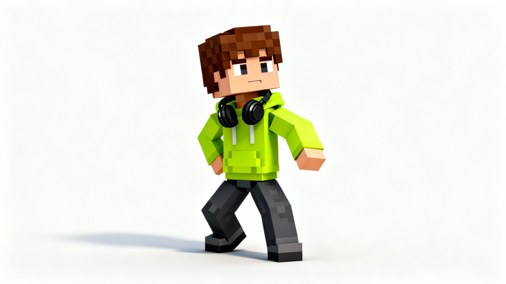 A 3D render of a custom Minecraft avatar wearing a neon green hoodie and black headphones, posing confidently against a solid white background.