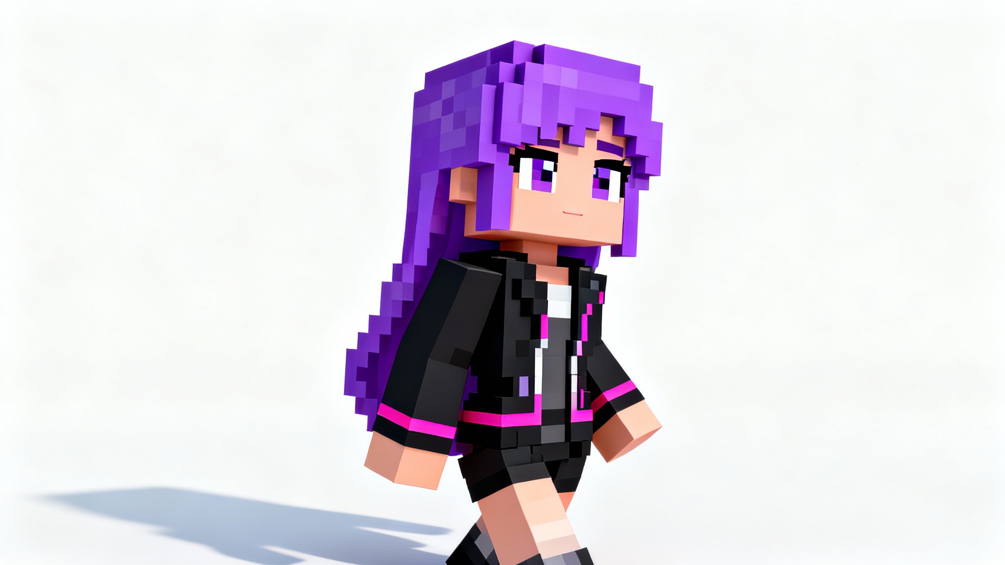 A custom 3D Minecraft-style female avatar with long purple hair and a stylish black jacket, displayed against a plain white background.