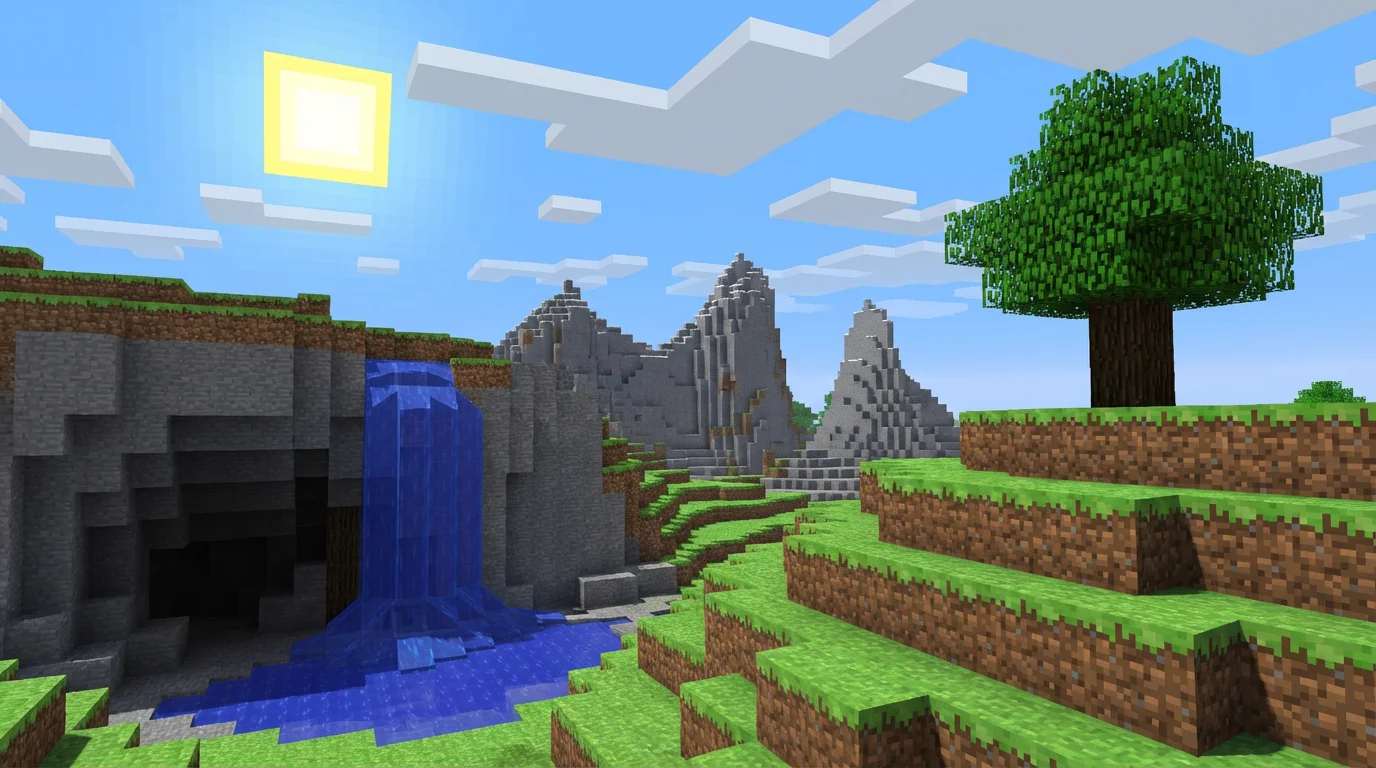 A digital illustration of a landscape in the blocky, pixelated style of Minecraft. The scene includes a grassy hill with a tree, a stone cliff with a waterfall, and distant mountains under a blue sky with a square sun.