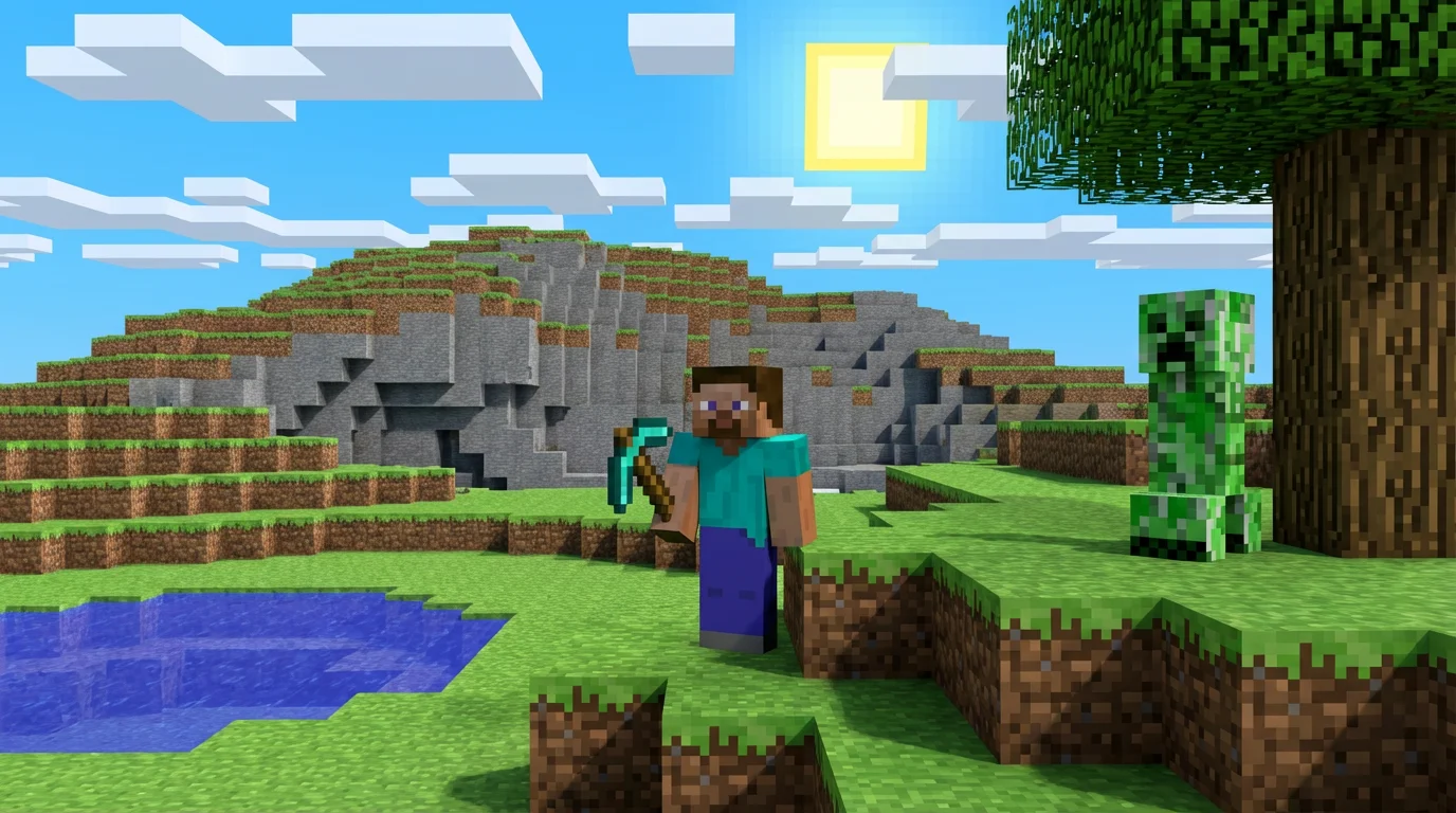 A vibrant scene created in the blocky, pixelated art style of Minecraft, featuring a character with a pickaxe, a Creeper, and a landscape with trees and water.