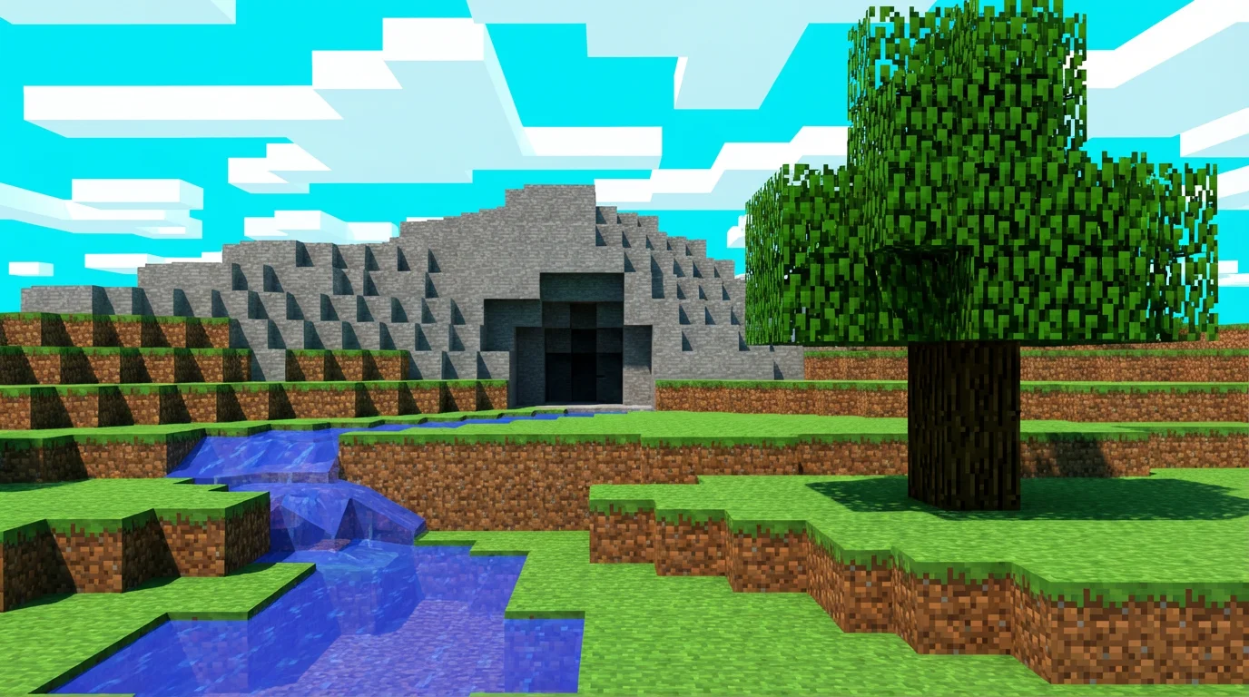 A colorful landscape created in the blocky, pixelated style of Minecraft, showing a grassy field, a tree, a stream, and a mountain with a cave.