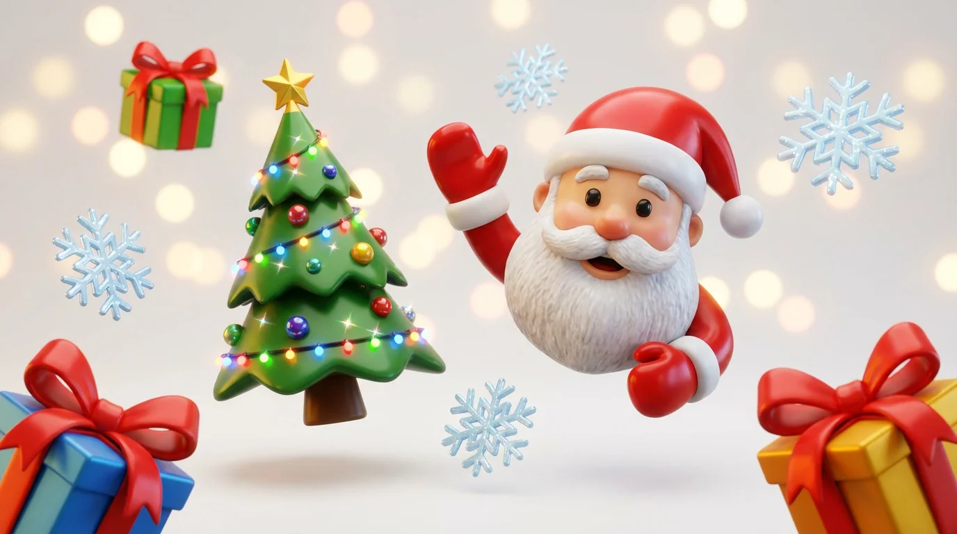A vibrant collection of professionally designed 3D animated Christmas emojis, including a waving Santa, a sparkling Christmas tree, dancing snowflakes, and bouncing gifts, arranged in a festive and eye-catching composition.