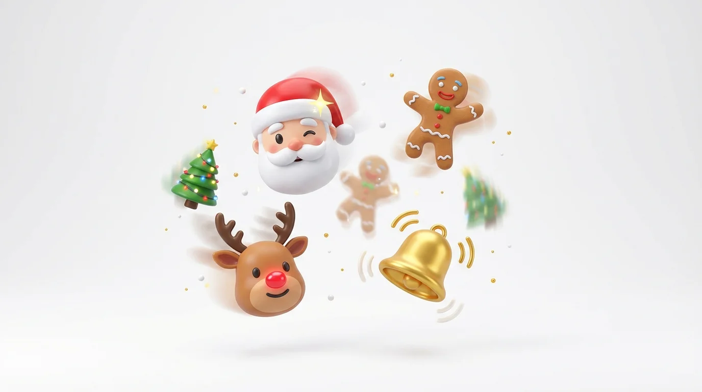 A collection of colorful, 3D animated Christmas-themed emojis, including a winking Santa, a glowing-nosed reindeer, and a sparkling Christmas tree, all floating dynamically against a clean white background.