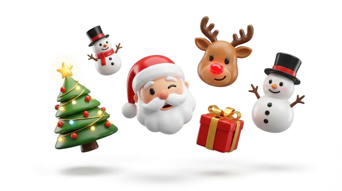A collection of 3D animated Christmas emojis, including a winking Santa, a reindeer, a snowman, a Christmas tree, and a gift box, all displayed against a clean white background.