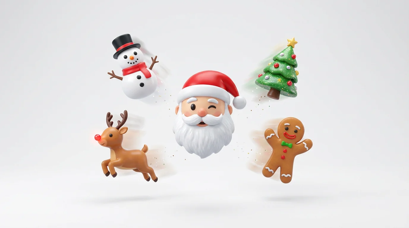 A collection of 3D animated Christmas-themed emojis, including a winking Santa, a snowman, and a reindeer, floating playfully against a clean white background, suggesting motion and fun.
