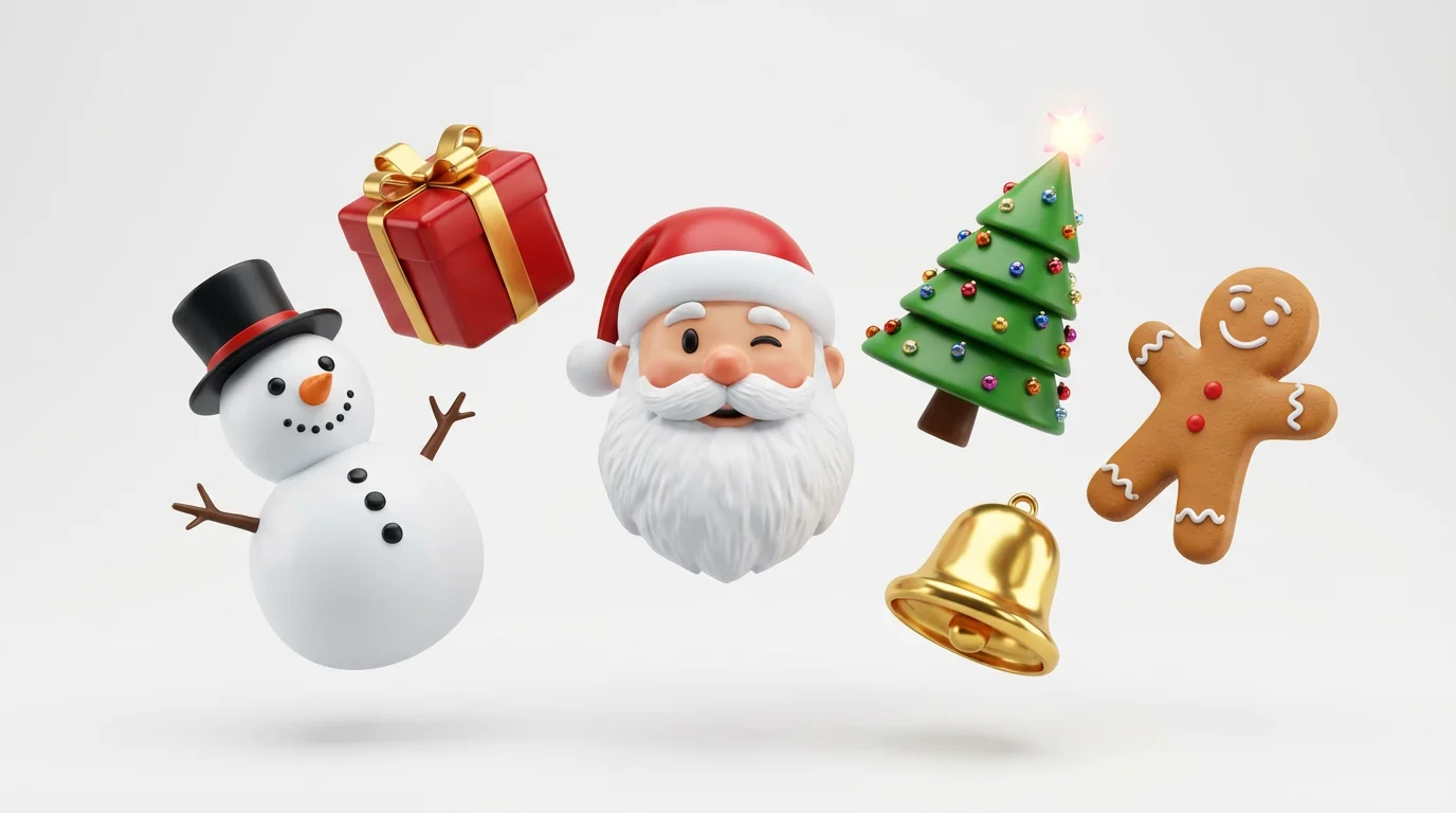 A collection of colorful, 3D animated Christmas emojis, including Santa, a snowman, and a Christmas tree, floating against a white background.