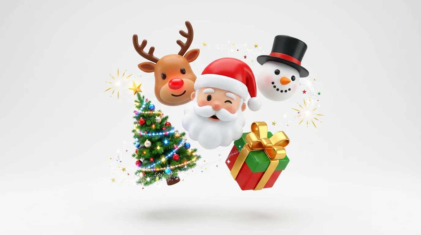 A collection of glossy, 3D animated Christmas emojis on a white background, including a winking Santa, a reindeer, a Christmas tree, a snowman, and a gift, all appearing to float in mid-air.